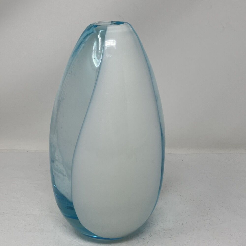 Vintage Hand Blown Translucent Blue And White Striped Art Glass Vase 8.5" x 5"